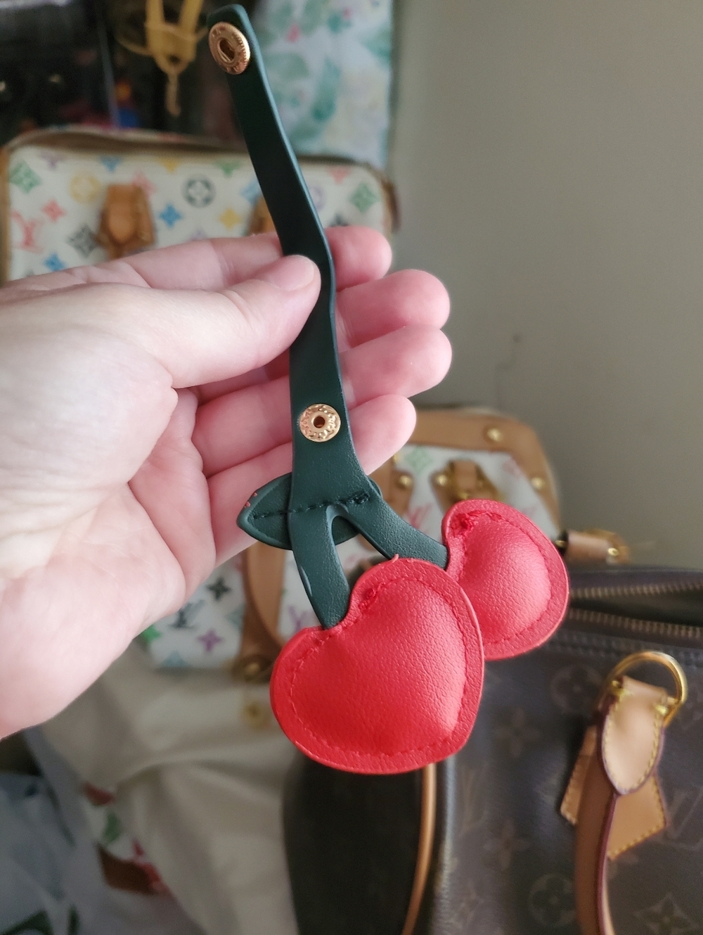 💎$3 WITH BUNDLE💎 PU Leather Light Red Cherries Bag Charm - Picture 5 of 9